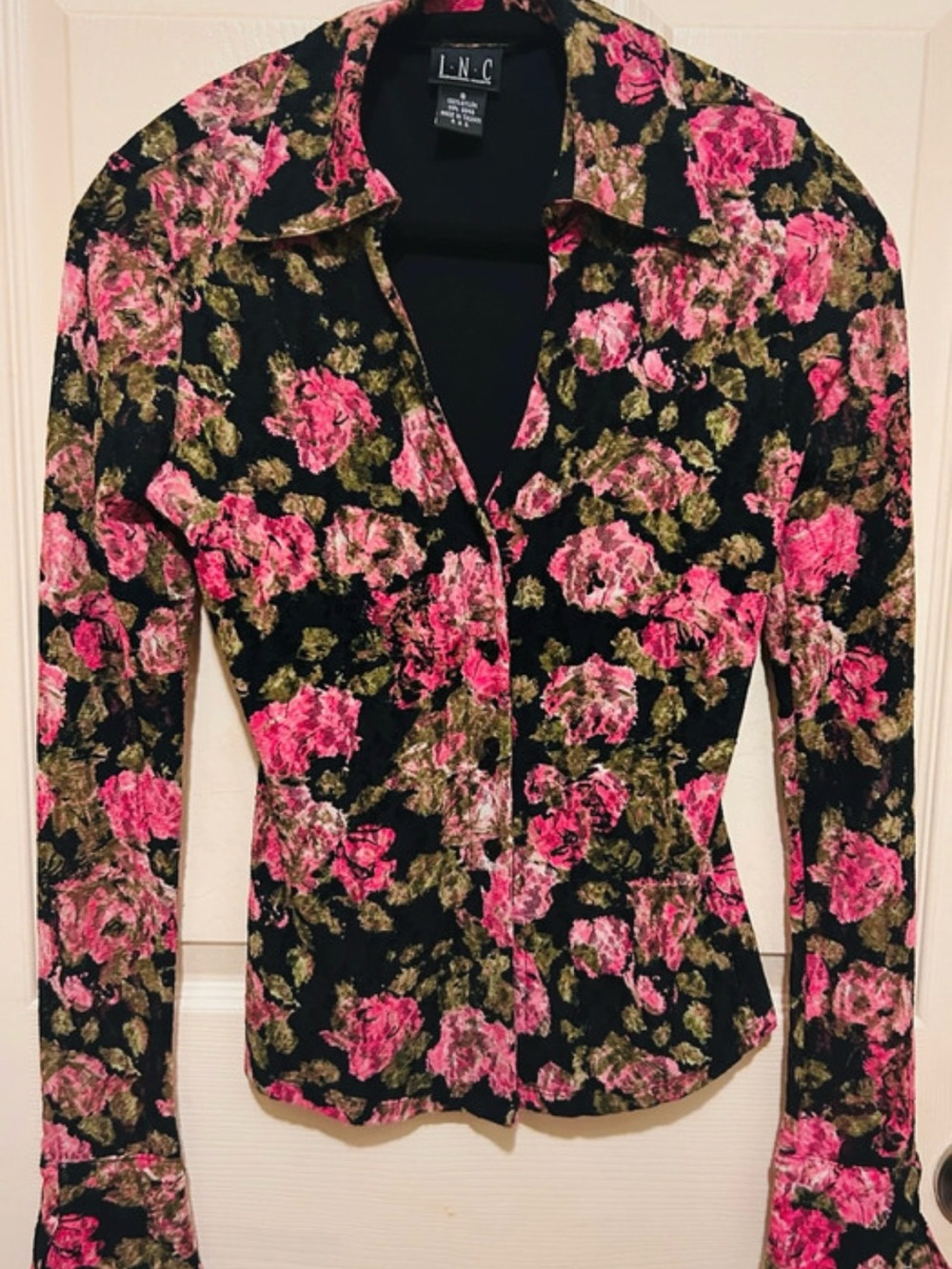 INC International Concepts Black Floral Pink Button-Front Women's Blouse